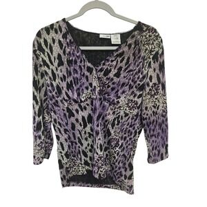 Y2K East‎ 5th Purple Black Leopard Floral Print V Neck 3/4 Sleeve Top Women's L